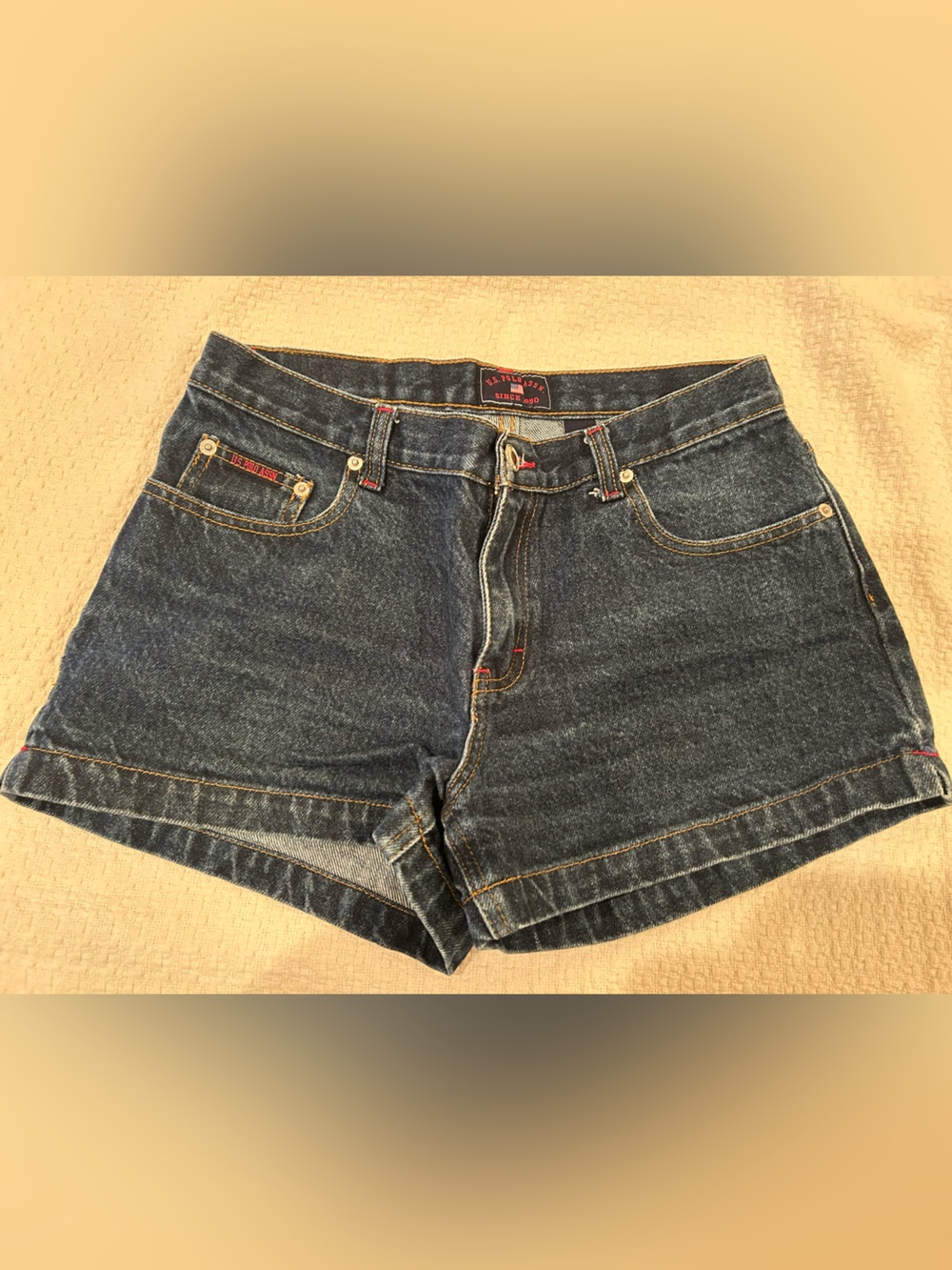 U.S. Polo Assn. Dark Blue Denim Shorts with Red and Gold Stitching